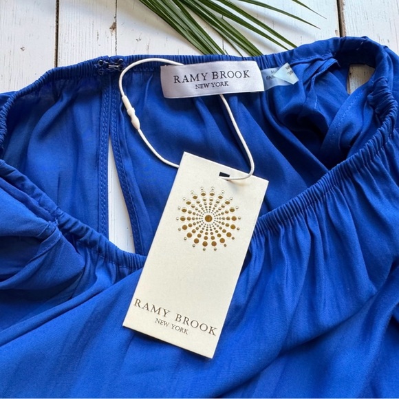 Ramy Brook Keegan Blue Ruffle Sleeve Smocked Waist Blouse Top Size M NWT - Picture 6 of 10